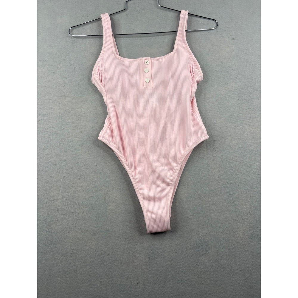 Stoney Clover Lane Target Pink Ribbed High Leg One Piece Swimsuit Heart Buttons